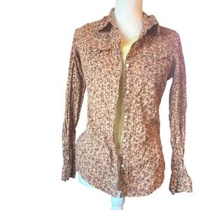 Vintage Floral Western Snap Button Shirt Brown Boho Fitted Cotton Top Size S